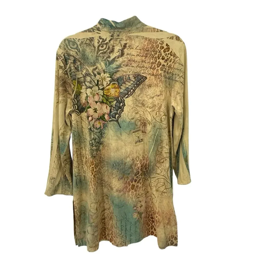 Faux Suede Butterfly Cat Print Tunic Top Women size Medium Button Up Y2K Artsy - Picture 4 of 11